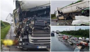 Dezastru după un accident cumplit pe A1. Cabina unui TIR, strivită în remorca altui camion, la Bolintin Vale - VIDEO