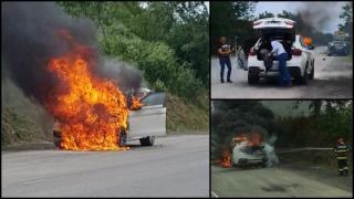BMW mistuit de flăcări, la un pas de explozie, în Tulcea. Doi bărbați și-au riscat viața pentru a recupera obiectele de valoare