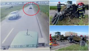 Mașina unui tânăr, filmată cum intră cu 160 km/oră într-un tractor, pe un drum din Vrancea. Accident cu doi morți la Măicănești