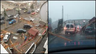 Momentul în care acoperișul unui bloc din Fălticeni s-a desprins și a căzut peste mai multe mașini, după o furtună puternică