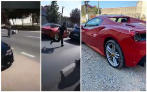 Momentul în care un polițist este lovit de un Ferrari, la Bocșa. Bolidul a fost oprit cu focuri de armă. VIDEO