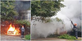 O maşină şi un bloc, înghiţite de flăcări în Satu Mare. Șoferul a suferit arsuri pe mai bine de 20% din suprafaţa corpului