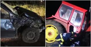 Tractor rupt în două, în urma impactului cu un autoturism. Trei persoane au ajuns la spital