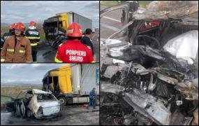"M-am trezit cu el în faţă". Impact fatal între un TIR şi un autoturism, în Mizil. Un bărbat a murit, după ce maşina în care se afla a luat foc