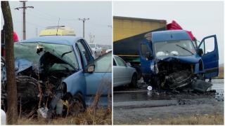 Carambol pe DN2 din cauza unei depăşiri riscante. O autoutilitară s-a izbit de două maşini, iar mai apoi a ricoşat într-un alt autoturism