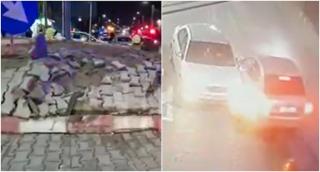 Ravagiile unui tulcean băut şi vitezoman, surprinse de camerele de supraveghere. A lovit un sens giratoriu, ca mai apoi să intre într-o altă maşină