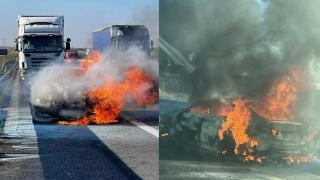 BMW făcut scrum pe autostrada Timişoara-Lugoj. Şoferiţa a observat cum din senin iese fum de sub capotă