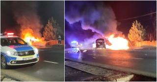 Mașină în flăcări după ce șoferul beat a intat pe contrasens. Imagini de groază pe un drum din Iași, în dimineața de Crăciun