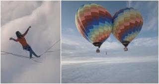 Imagini ireale surprinse la aproape 2.000 de metri altitudine. Un tânăr a mers desculț pe cablu subțire, între două baloane cu aer cald