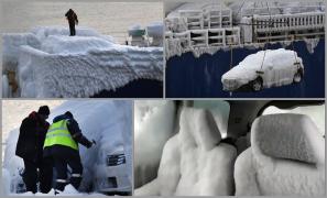 Zeci de maşini importate în Vladivostok, îngheţate până la daună totală după o furtună pe mare. Transportatorul se grăbea să fenteze noile taxe din Rusia