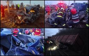 Impact fatal pe calea ferată: Șoferul inconștient care a forțat trecerea a murit, iar trei vagoane ale trenului de marfă au sărit de pe șine