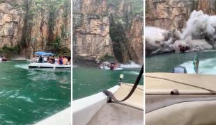 Vacanță transformată în coșmar. Momentul în care o bucată uriaşă de stâncă se prăbuşește peste şalupele cu turişti, în Brazilia