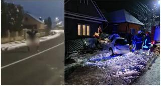Un șofer s-a dezbrăcat în fața pompierilor şi a început să fugă pe jumătate gol, după ce s-a înfipt cu mașina într-o casă la Gilău, în Cluj
