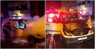 O dubă a luat foc în mers, pe un drum din Olt. Mai bine de jumătate de mașină s-a făcut scrum