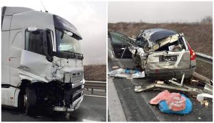 O maşină parcată pe banda de urgenţă, izbită de un autotren pe Autostrada A1. Două persoane, rănite în accident