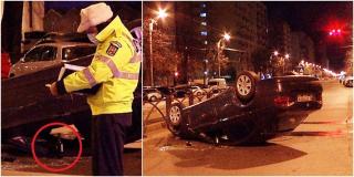 O șoferiță beată a ajuns cu roțile-n sus, după ce a ratat un refugiu pe șoseaua Pantelimon. Poliţiştii au găsit o sticlă de vin lângă mașină