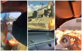 Momentul în care o femeie aruncă un cocktail Molotov într-un tanc rusesc, de la geamul mașinii sale
