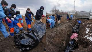 Groapă comună, săpată la Mariupol. Sunt atât de multe cadavre încât sunt învelite în saci și pături și aruncate în șanț