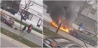 O motocicletă a luat foc după un accident cumplit în Craiova. Tănărul biker a fost aruncat în aer după impact