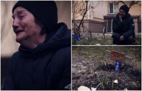 Imaginea suferinţei din Bucha. Tania şi-a îngropat soţul în curtea blocului şi de atunci stă cu orele lângă mormânt: ''Vă implor, faceţi ceva!''