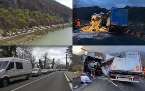 O femeie, în stare gravă, după ce a fost proiectată pe geam când două TIR-uri s-au izbit violent pe Valea Oltului. Şoferii au murit pe loc. Traficul în zonă este îngreunat