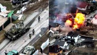 Tanc rusesc filmat din dronă în timp aruncă în aer un alt tanc rusesc. Soldații s-ar fi panicat în timpul unei ambuscade. VIDEO