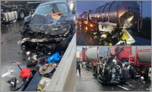 Patru vehicule distruse după un accident grav pe DN5, aproape de Uzunu. Şoferii erau din Bulgaria şi Ucraina