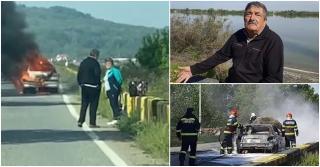 "A rămas în viteză și a plecat singură!". Un primar din Mehedinți și soția lui au sărit dintr-un Peugeot aflat în mers, după ce mașina a luat foc