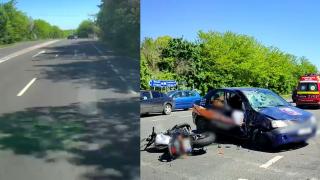 Momentul în care un motociclist intră cu viteză într-o maşină care vira la stânga fără să se asigure, în Costineşti. Bărbatul a ajuns în comă la spital