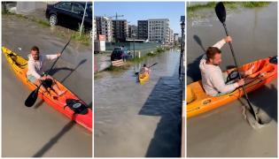 "Băiatu', vezi că face valuri!" Haz de necaz la Constanţa. Un tânăr a ieşit la plimbare cu caiacul pe promenada din Mamaia