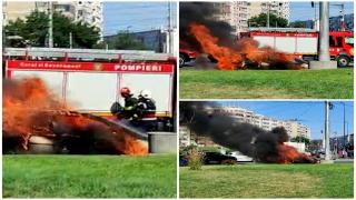 O maşină a ars ca o torţă într-un sens giratoriu din Capitală. Şoferul a fugit la timp din calea flăcărilor