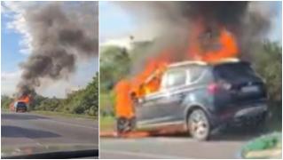 O maşină cu patru oameni la bord, între care și un copil, a luat foc pe A1. Imagini dramatice în apropiere de Ciorogârla