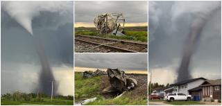 Momentul în care o tornadă uriașă lovește un oraș din Canada. Un "vânător de furtuni" a surprins imagini spectaculoase