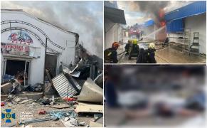 Urmările bombardamentului din Sloviansk. Magazinele dintr-o piaţă, distruse de bombe. Un mort, filmat între dărâmături