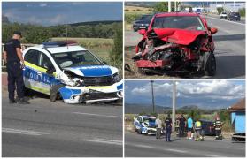 Maşini făcute praf după ce autospeciala de poliţie a "zburat" pe contrasens, lovită de un şofer neatent. Trei răniţi au ajuns la spital