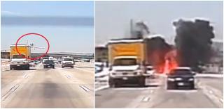 Avion în flăcări, după ce a aterizat forțat printre mașini, pe o autostradă din sudul Californiei. Momentul a fost filmat