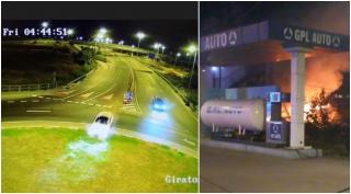 O mașină zboară peste giratoriu și ia foc la câțiva metri de o stație GPL, o alta întoarce și merge pe interzis. Imagini incredibile filmate la Ovidiu
