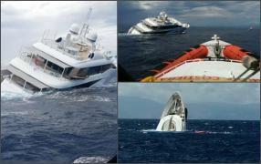 Momentul dramatic când superiahtul „Saga” se scufundă în apropiere de coasta portului Catanzaro, Italia. Cinci persoane aflate la bord, salvate de un echipaj românesc