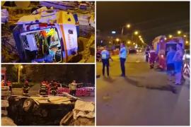 Ambulanţă care transporta o mamă şi copilul ei de 5 ani, răsturnată în şanţ după impactul violent cu un taxi. Accident cu cinci răniţi, în Constanţa