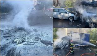 "Focu-n sus era cât pomii. A luat la rând ce a întâlnit în cale". O furgonetă în flăcări a făcut prăpăd pe o stradă din Brașov