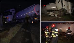 Scurgeri de carburant pe şosea, după ce o cisternă condusă de un ucrainean a derapat și a intrat în gardul unei case, pe DN 85