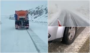 Iarnă în toată regula la munte. Pe Transfăgărăşan, stratul de zăpadă depăşeşte 15 centimetri. Vântul puternic a transformat lapoviţa în polei