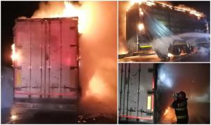 Un TIR aflat în mers a luat foc pe un drum din Suceava. Șoferul a văzut, în timp ce conducea, că roţile sunt în flăcări
