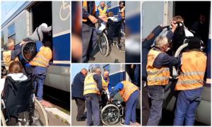 "Ne mai facem bine vreodată?". Situaţie revoltătoare într-un tren CFR. Pasageri în scaun cu rotile, urcaţi în vagon pe braţele a 4 angajaţi