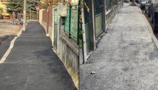 "Dorel" de Sibiu a turnat asfalt în valuri. Trotuarul unei străzi a devenit o adevărată cursă cu obstacole