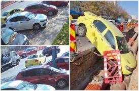 Un taxi parcat a ieşit singur în trafic. Momentul în care intră pe contrasens şi se opreşte în şanţ, cu şoferul pe urme