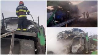 Momente de panică pe Drumul Expres Craiova-Piteşti. Mai multe maşini s-au făcut scrum, după ce autoplatforma care le transporta a luat foc