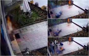 Momentul dramatic când un bărbat îşi dă foc în faţa Primăriei Peștișani, din Gorj. Angajaţii instituţiei au venit cu paharele de plastic să îl stingă