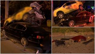 Un șofer a ajuns cu Volkswagen-ul sub un taxi parcat, pe o stradă din Rahova. A încercat să evite un accident și a tras brusc de volan