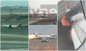 Momentul în care un avion ia foc după ce spulberă o mașină de pompieri, pe pista unui aeroport din Peru. Doi salvatori au murit
